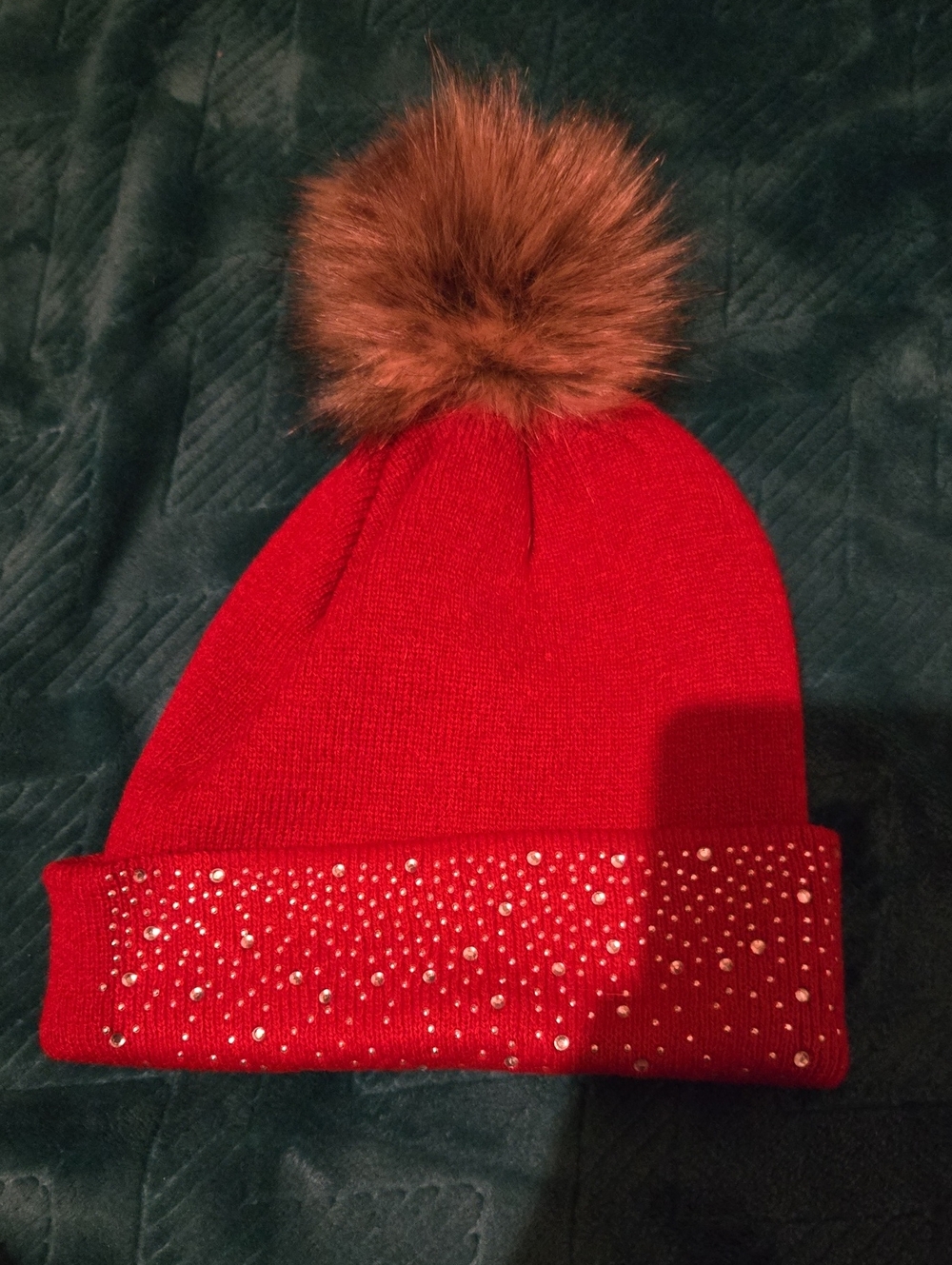 Red Knit Pom Beanie with Faux Fur Pom